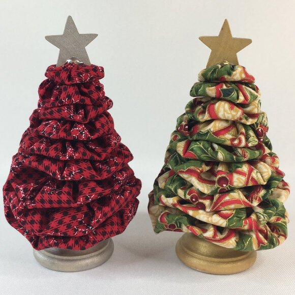 Handmade Christmas Fabric Wooden Trees Tabletop Holiday Decor Set of 2 - Picture 1 of 16